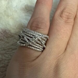nOir Silver Tone Pavé Crystal Multi Strand Crossover Statement Ring Size 6